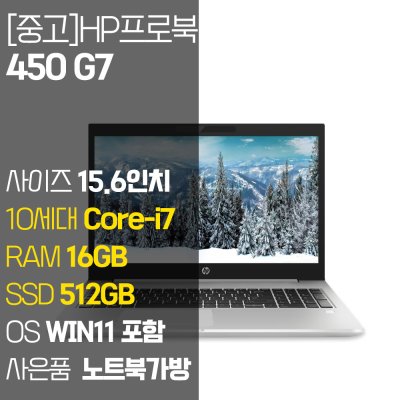 HP 프로북 450 G7 intel 10세대 Core-i7 RAM 16GB NVMe SSD 장착 윈도우 11설치 중고 노트북, PROBOOK 450 G7, WIN11 Pro, 16GB, 512GB, 실버