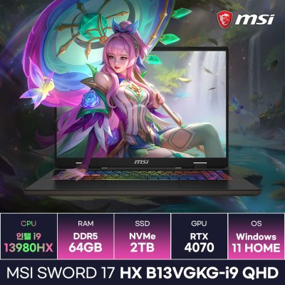 MSI 소드17 HX B13VGKG-i9 QHD 인텔 13세대 i9-13980HX RTX4070 17인치 고사양 작업용 게이밍노트북 (64GB/2TB/Win11) / KCJH, 단일상품