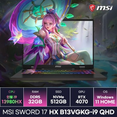 MSI 소드17 HX B13VGKG-i9 QHD 인텔 13세대 i9-13980HX RTX4070 17인치 고사양 작업용 게이밍노트북 (32GB/Win11) / KCJH, 단일상품